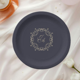 Plato de papel para boda con monograma barroco azu