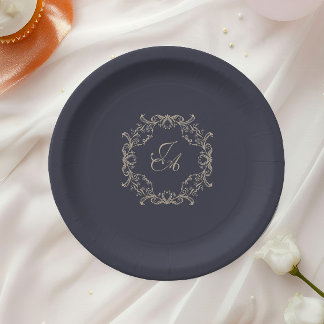 Plato de papel para boda con monograma barroco azu