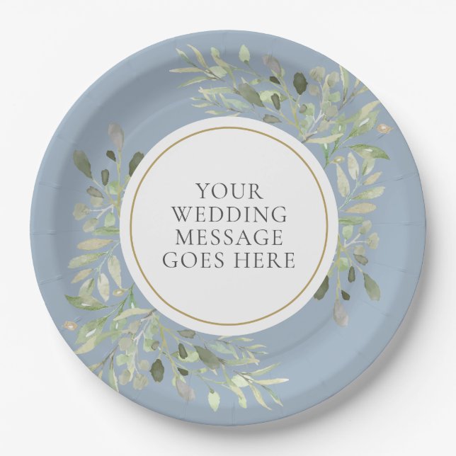 Plato de papel para boda de azul polvoriento con v (Anverso)