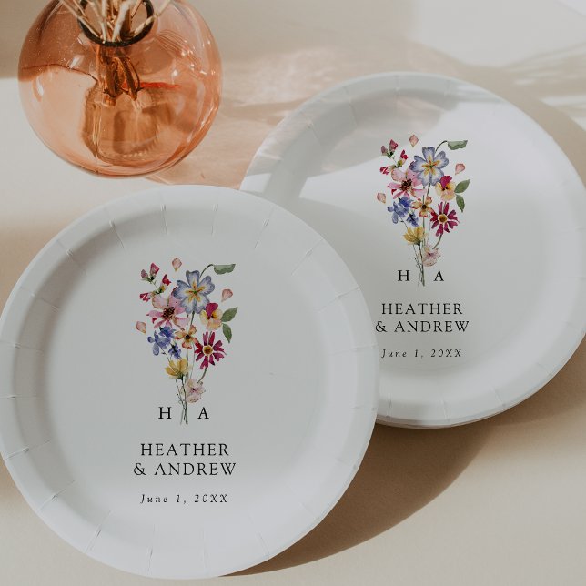 Plato de Papel para Boda de Flor Silvestre (Colorful Wildflower Wedding Paper Plates by Painted Paperie
)