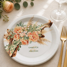Plato de papel para boda de rosas melocotón y made
