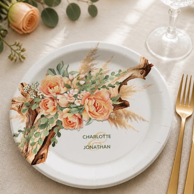 Plato de papel para boda de rosas melocotón y made (Subido por el creador)
