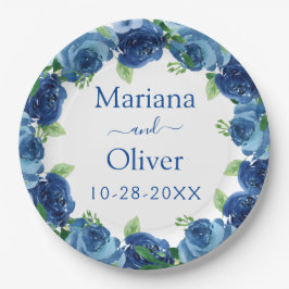 Plato de papel para boda floral acuarela azul mari
