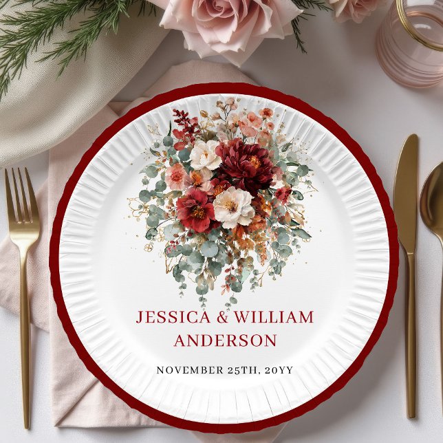 Plato de papel para boda otoñal con flores de Borg (Boho burgundy autumn flowers wedding,
Watercolor deep red floral peonies, 
bohemian romantic fall au)