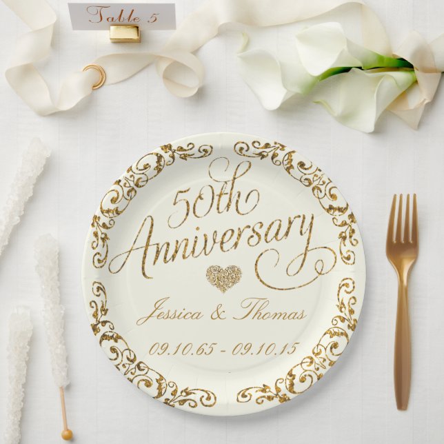 Plato de papel para bodas de oro 50 aniversario (Boda)
