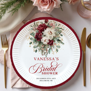 Plato de Papel para Bridal Shower Floral Burgundy 