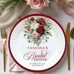 Plato de Papel para Bridal Shower Floral Burgundy 