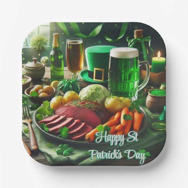 Plato de papel para cena feliz día de San Patricio (Anverso)