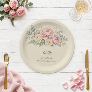 Plato de papel para cumpleaños 60 Watercolor Blush