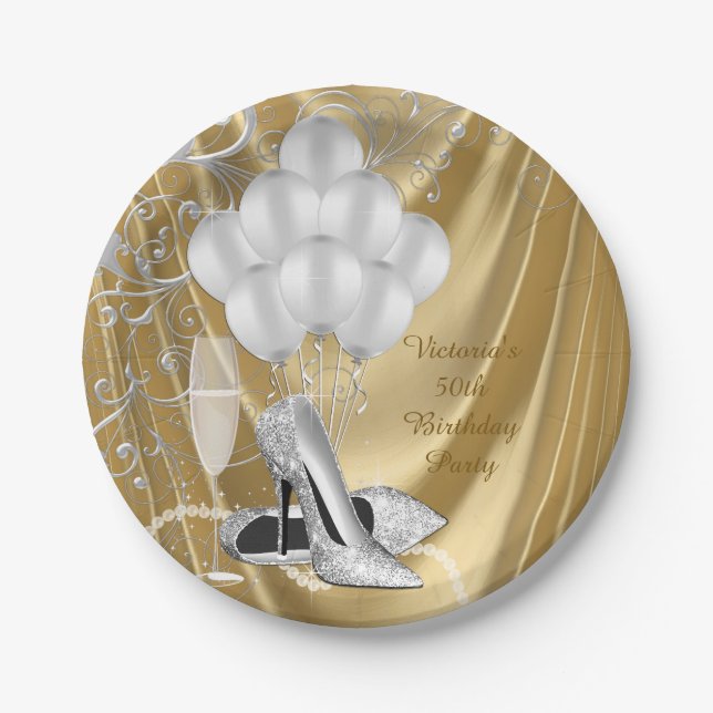 Plato de papel para cumpleaños de zapato de plata  (Anverso)