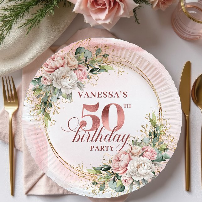 Plato de papel para cumpleaños número 50 de Rosa O (Rose Gold Peony Greenery 50th Birthday Paper Plates)