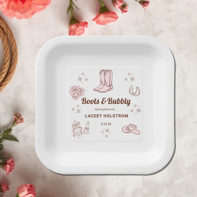 Plato de papel para despedida de soltera de vaquer (Boots And Bubbly Cowgirl Bridal Shower Paper Plate)