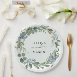 Plato de papel para ducha de boda de eucalipto azu