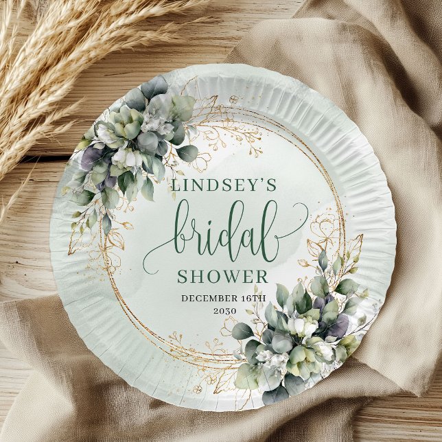 Plato de papel para ducha de novia con acuarela do (Greenery Gold Watercolor Bridal Shower Paper Plates)