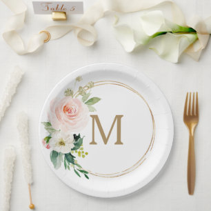Plato de papel para ducha de novia con monograma f