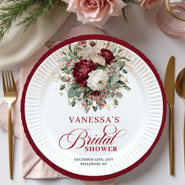 Plato de Papel para Ducha de Novia Floral Borgoña  (Graceful Burgundy Floral Bridal Shower Paper Plates)