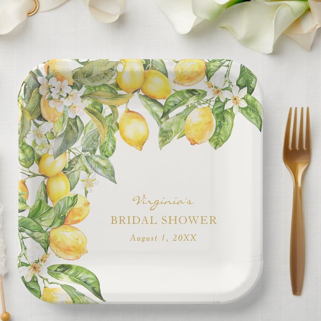 Plato de papel para ducha de novia floral italiano (Elegant Lemon Floral Watercolor Bridal Shower Paper Plate by Painted Paperie
)