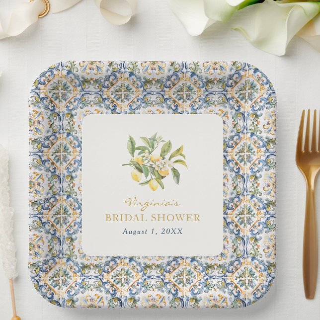 Plato de papel para ducha de novia italiana (Italian Lemon Blue Bridal Shower Paper Plate by Painted Paperie
)