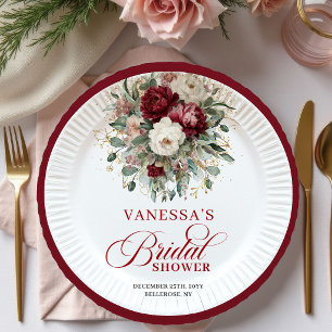 Plato de Papel para Ducha Nupcial Floral Burgundy 