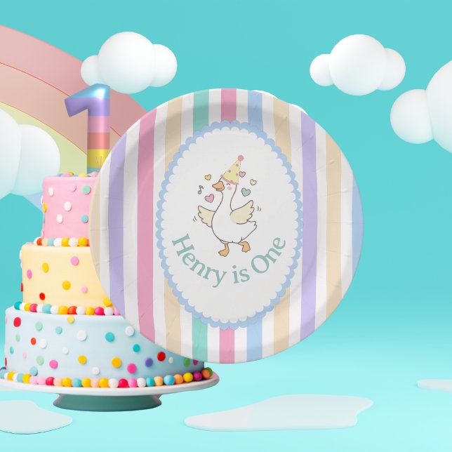 Plato de papel para el primer cumpleaños de un gan (Cute "One Silly Goose" 1st birthday plates! Vibrant pastel stripes. Perfect for your little one!)
