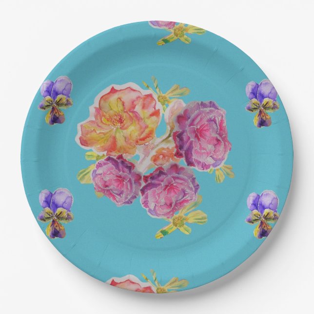 Plato de papel para fiesta con estampado de flores (Anverso)