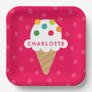 Plato de papel para fiesta de cono de helado rosa 