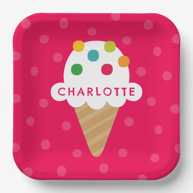 Plato de papel para fiesta de cono de helado rosa  (Anverso)