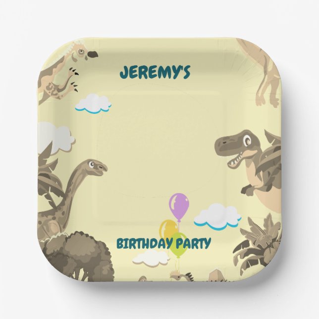 Plato de papel para fiesta de cumpleaños de dinosa (Anverso)