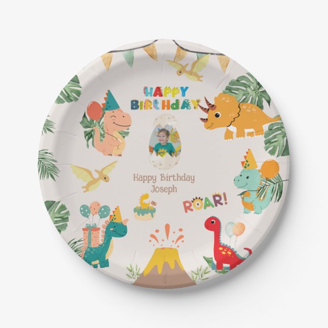Plato de papel para fiesta de cumpleaños de dinosa (Anverso)