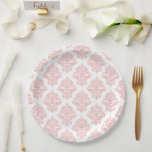 Plato de papel para fiesta de damasco rosa pastel 