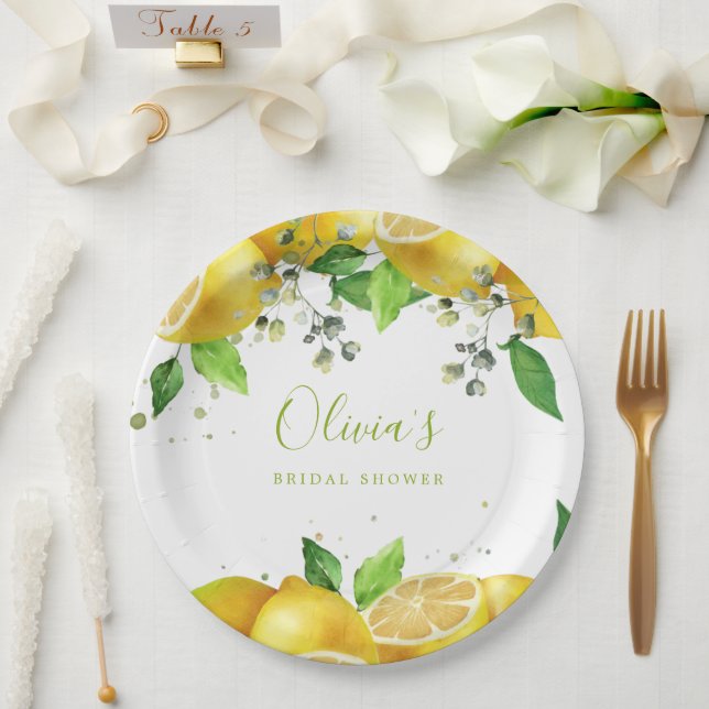 Plato de papel para fiesta de limones acuarela (Boda)