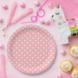 Plato de papel para fiesta de lunares rosados y bl