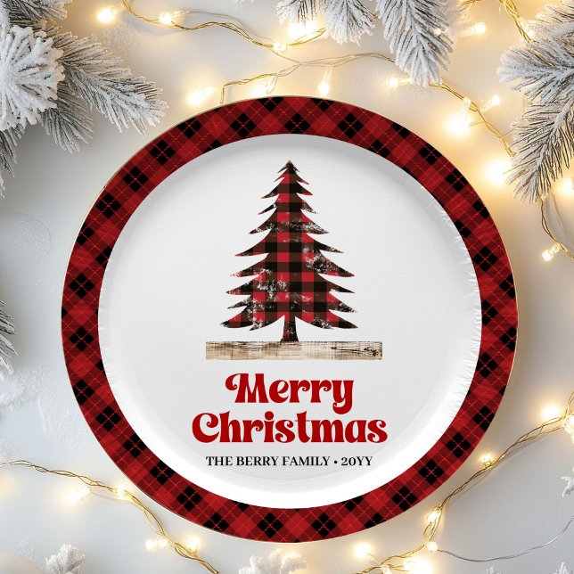 Plato de papel para fiesta de Navidad en cuadros r (Rustic Red Black Plaid Christmas Party Paper Plates)