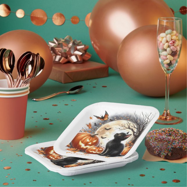 Plato de papel para fiesta de niños de gatito negr (Multi)