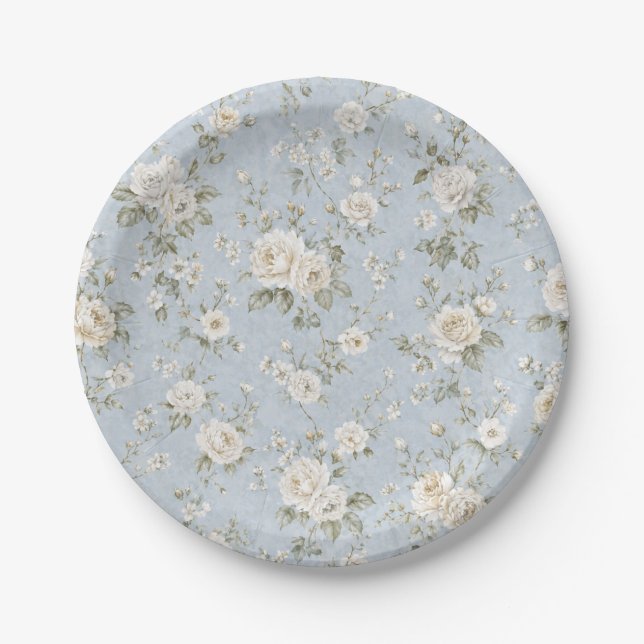 Plato de Papel para Fiesta Floral Azul y Blanco (Anverso)