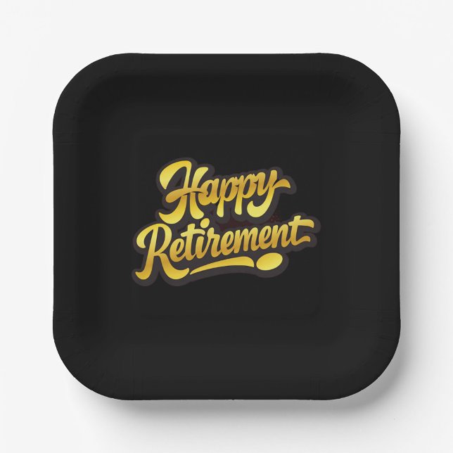 Plato de papel para jubilación feliz (Black square plate with rounded edges, featuring elegant gold "Happy Retirement"!)