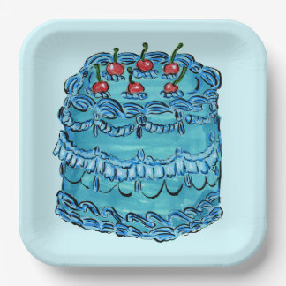 Plato de papel para pastel de cereza azul