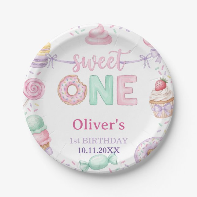 Plato de papel para postre pastel Sweet One cumple (Anverso)