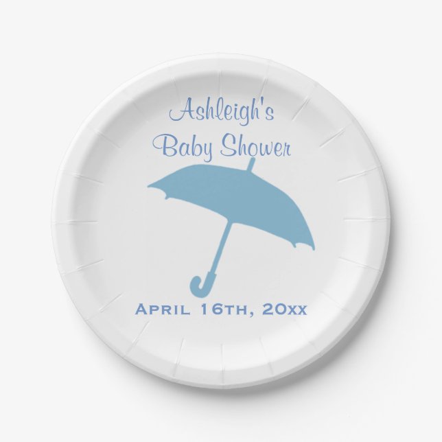 Plato De Papel Paraguas azul Baby Shower (Anverso)