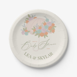 Plato De Papel Paraguas florales Neutral Unisex Baby Shower