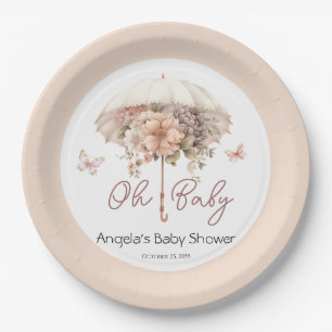 Plato De Papel Paraguas rosa Floral Vintage Baby Shower