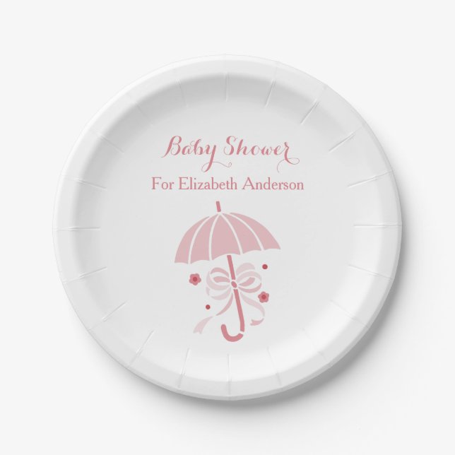 Plato De Papel Paraguas rosado lindo femenino de Baby Shower con (Anverso)