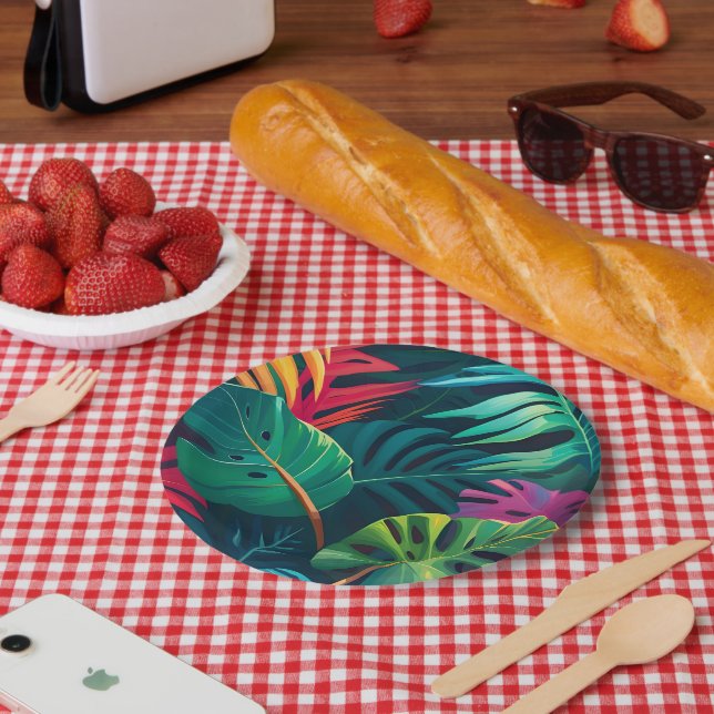 Plato De Papel Paraíso de acuarela de follaje tropical (Picnic)