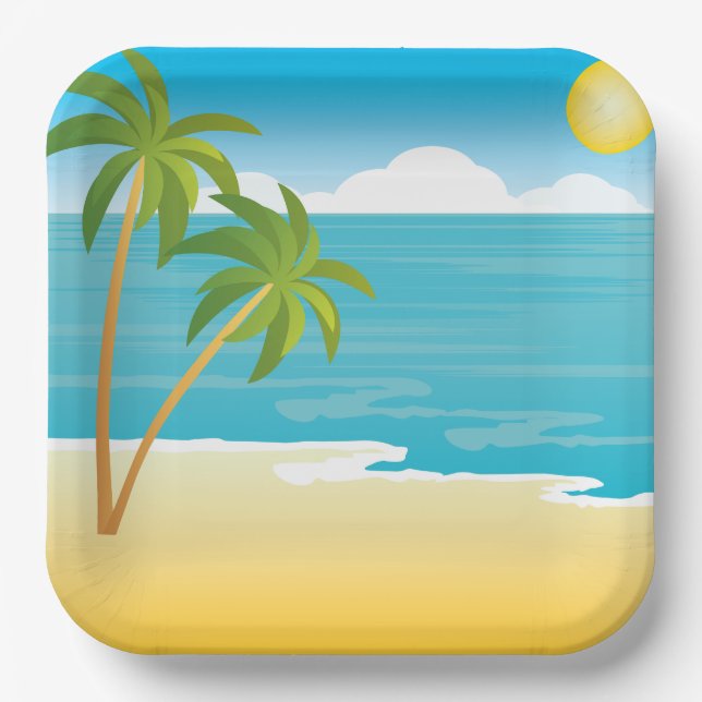 Plato De Papel Paraíso de Playa Tropical con Palmeras (Anverso)