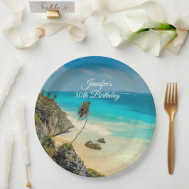 Plato De Papel Paraíso tropical de playa con palmeras Cumpleaños