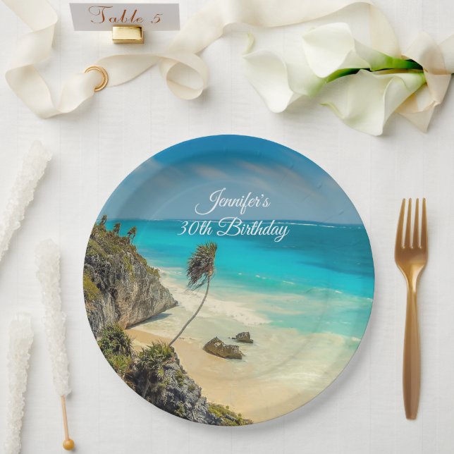 Plato De Papel Paraíso tropical de playa con palmeras Cumpleaños (Boda)