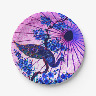 Plato De Papel Parasol oriental pavo real, flores de cerezo japon