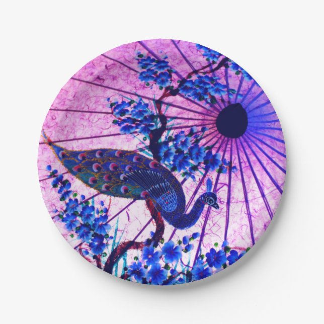 Plato De Papel Parasol oriental pavo real, flores de cerezo japon (Anverso)