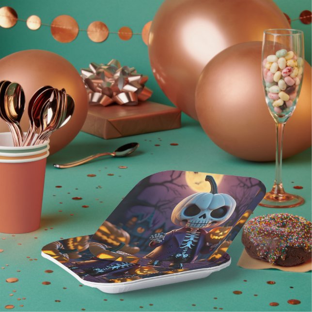 Plato De Papel Parche de calabaza - compañero de esqueleto (Multi)