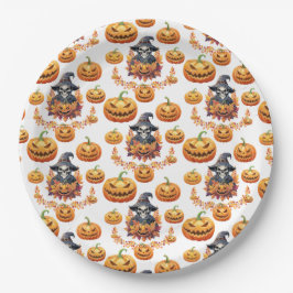 Plato De Papel Parche de Calabaza de Halloween